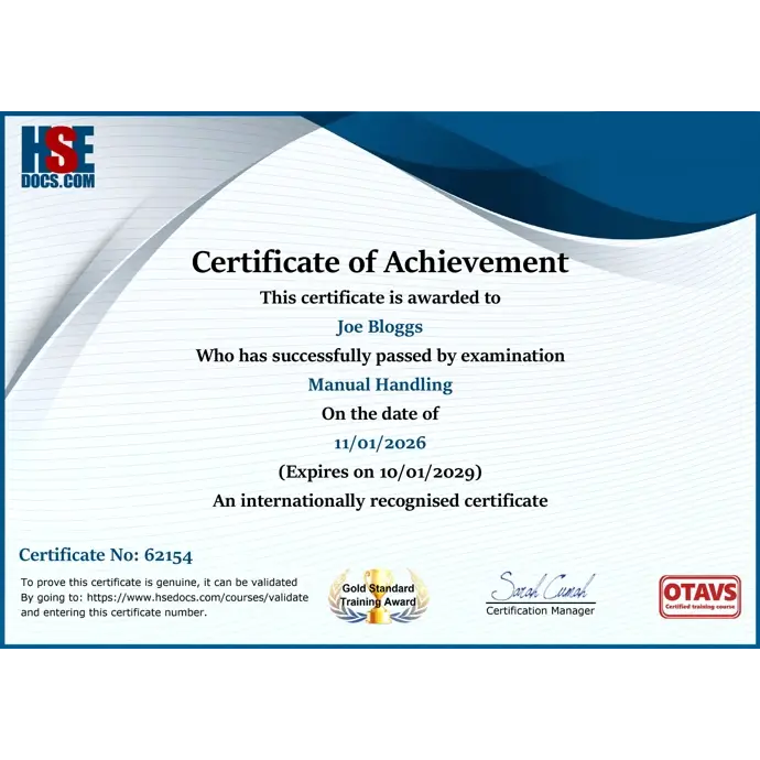 Manual handling certificate online awarded by HSEDocs