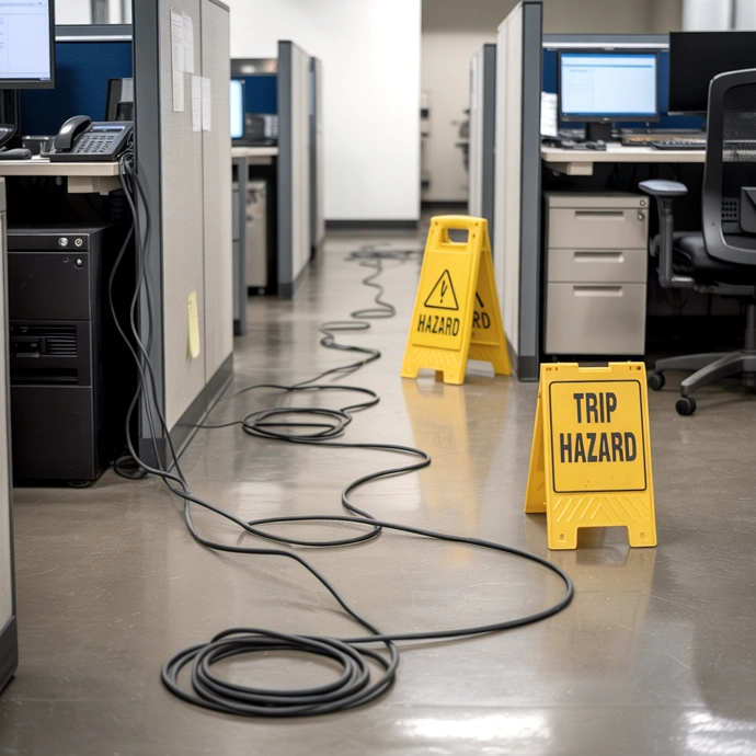 A cable trip hazard in an office sittuation
