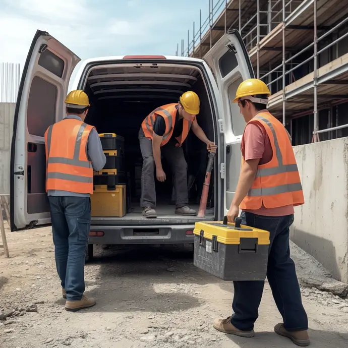 Construction workers loading up van at the end of their shift