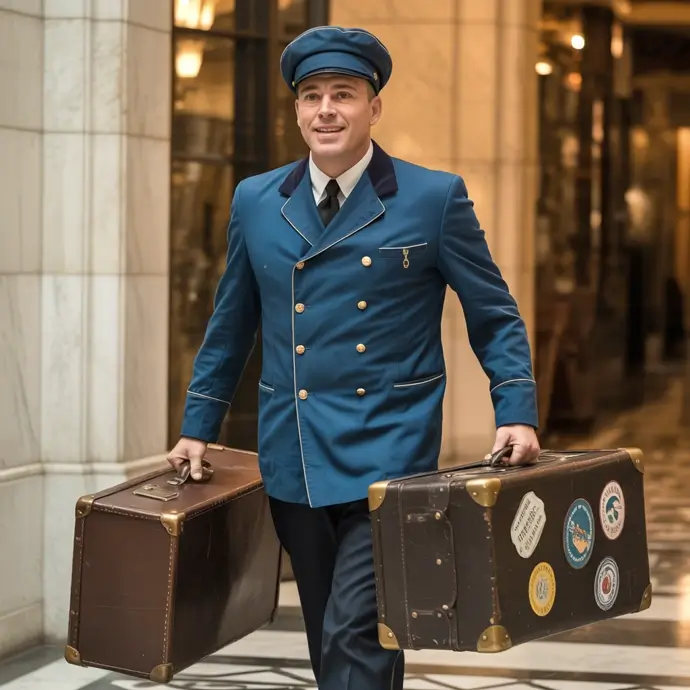 Hotel porter carrying suitcases