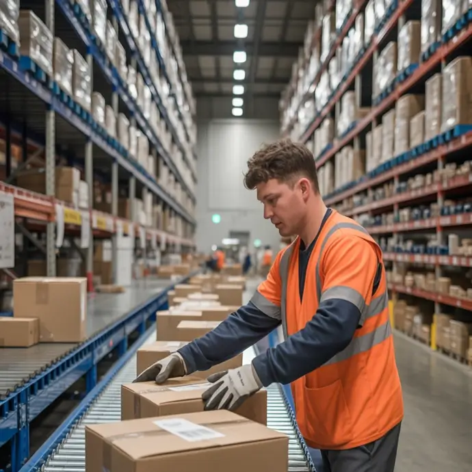 Worker in a warehouse sorting packages on a conveyor belt
