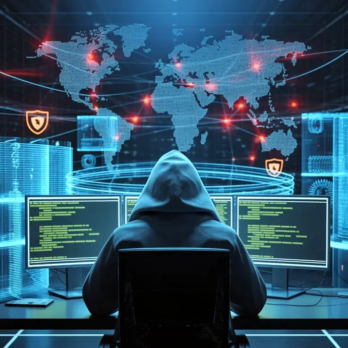 Cyber hacker in a hoodie trying to dominate the world