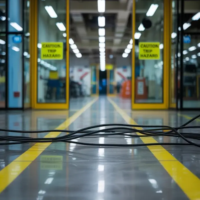 Cables strewn across a walkway at work representing a trip hazard