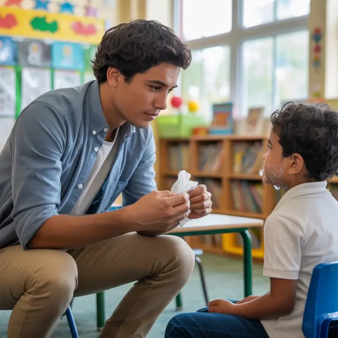 Young male teacher helping vulnerable child