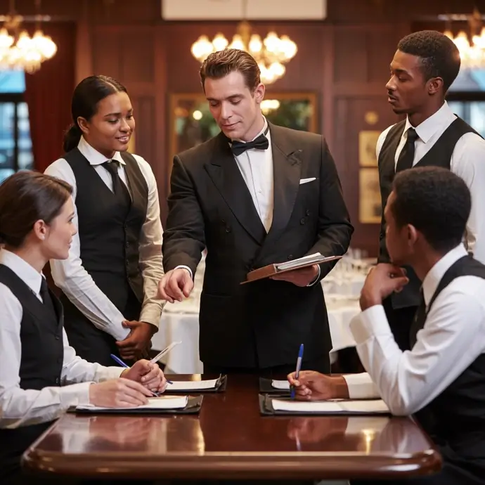 Head waiter briefing his staff before service.