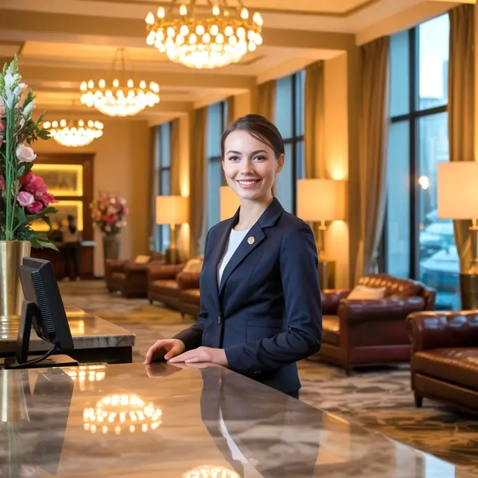 Receptionist in hotel lobby