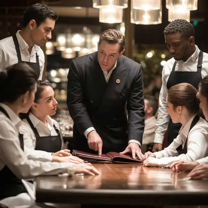 Wait staff getting instructions from the Maître D before service