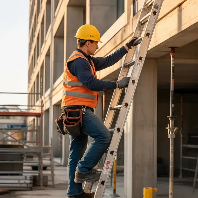 Construction worker using a ladder