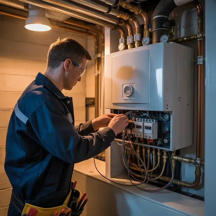 Electrician working on a heat exchanger
