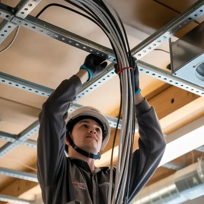 Electrician feeding cables onto a ceiling void