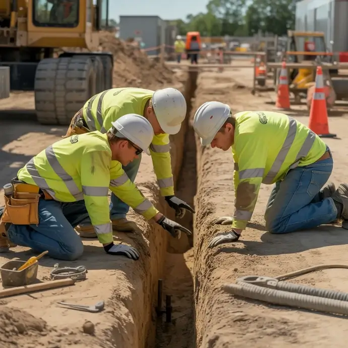 Construction workers looking into a trench