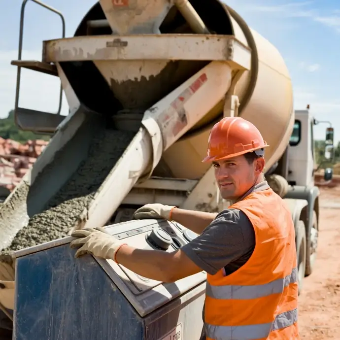 construction worker by cement mixer