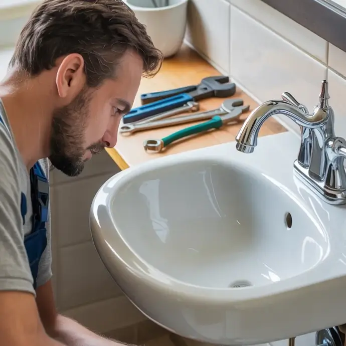 Plumber fitting taps on a wash hand basin