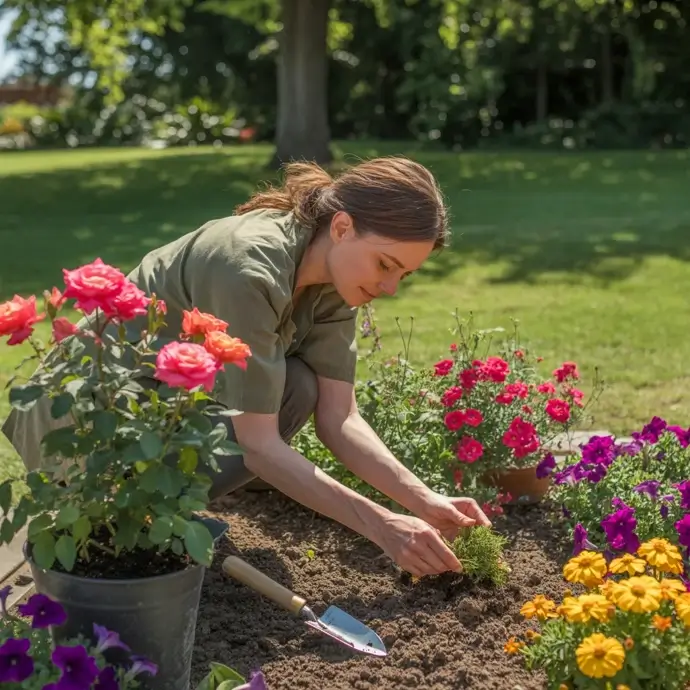 Gardener tending a flower bed