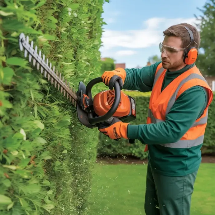 Gardener cutting a hedge with a petrol hedge trimmer