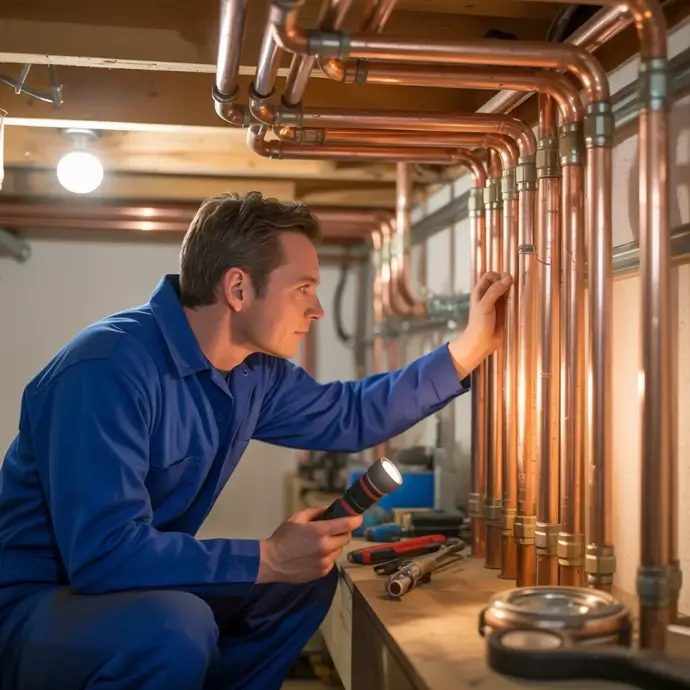 Plumber inspecting pipework