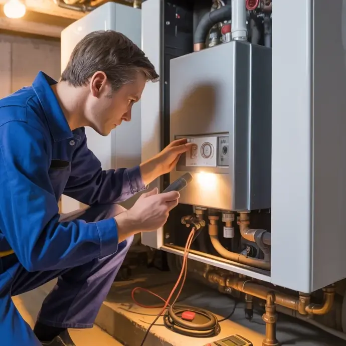 Plumber inspectin a boiler