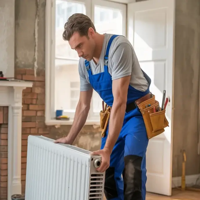 Plumber with a cast iron radiator
