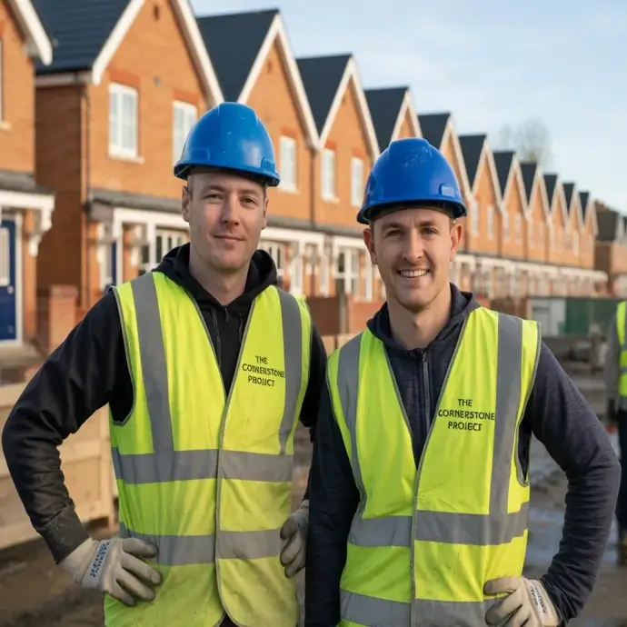 Two bricklayers standing in front of some newly completed houses