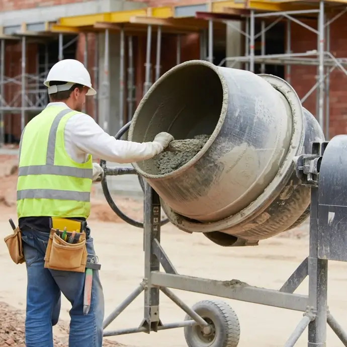 Bricklayer inspecting a mortar mix in a cement mixer