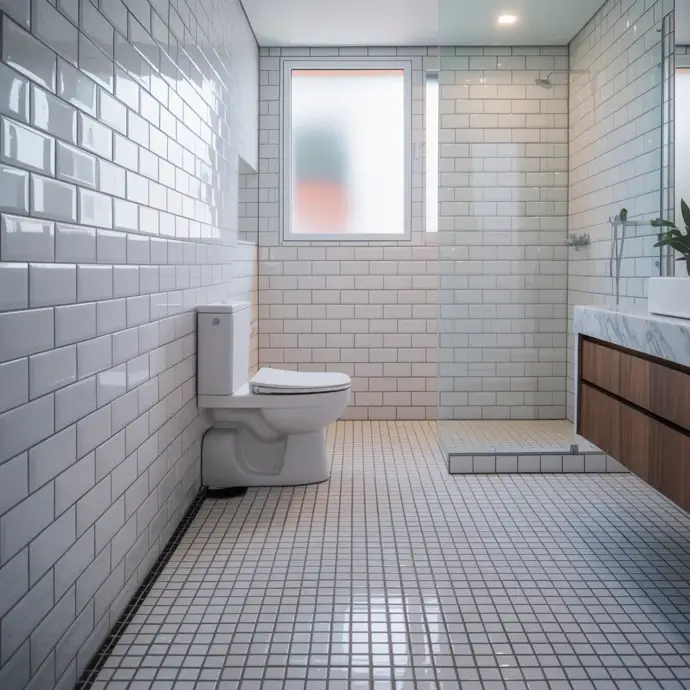 A new bathroom installation with ceramic wall and floor tiles