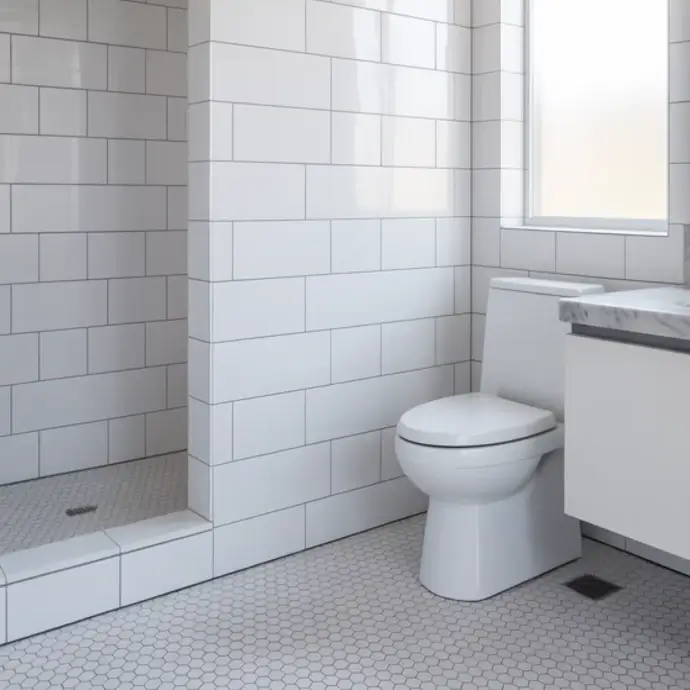 Newly fitted bathroom suite with ceramic tile feature on walls and shower