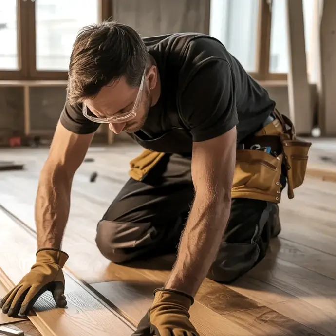 Carpenter fitting a laminate floor.