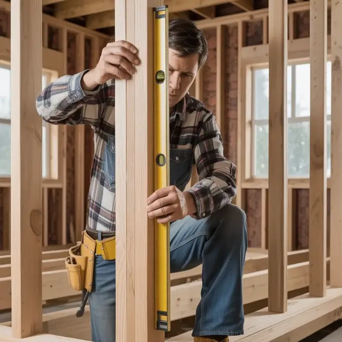 Carpenter fitting a hardwood partition