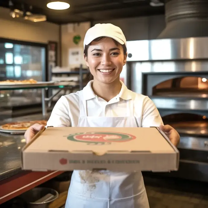 Fast food worker proudly holding a pizza box