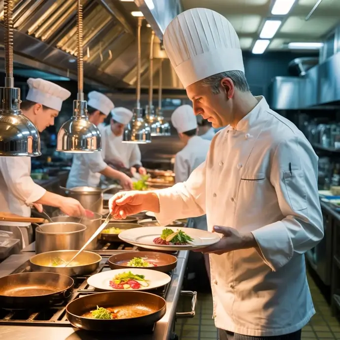 Chef plating up in a commercial kitchen