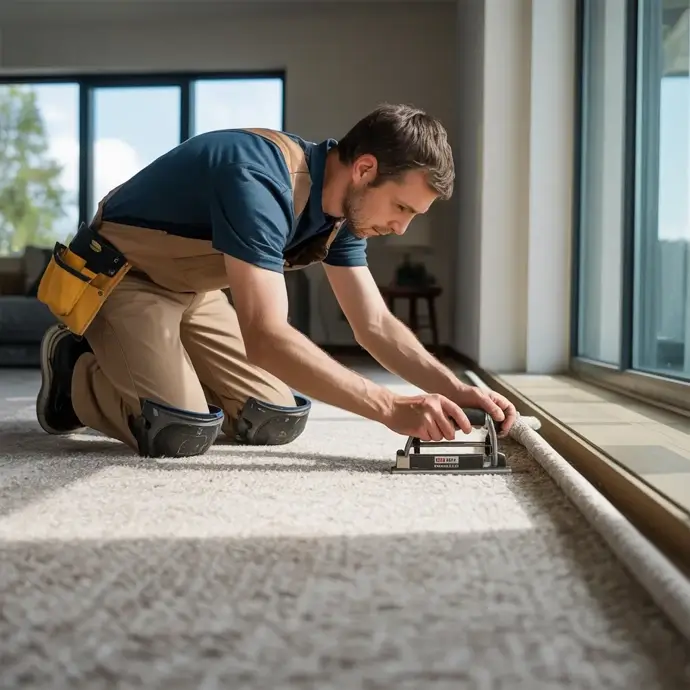 Carpet fitter edging a carpet