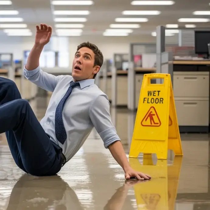 Person slipping on a wet floor at work