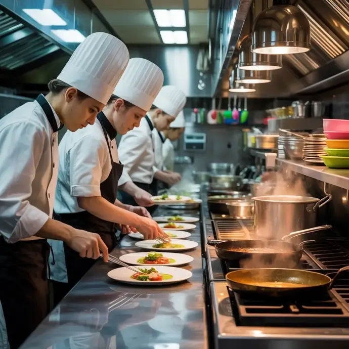Chefs working in a commercial kitchen