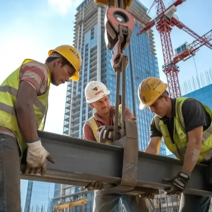 Construction worker in PPE working at height on roof trusses