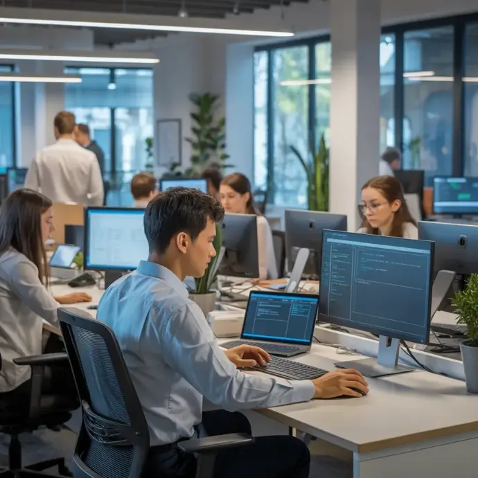 People in an office using display screens