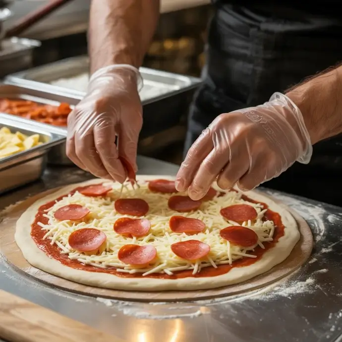 Pizza chef adding toppings