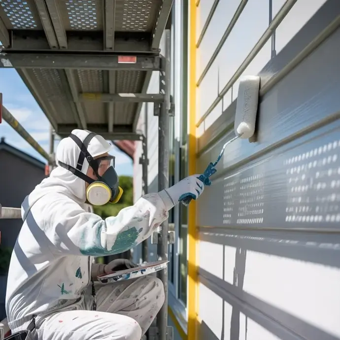 Painter in PPE working on scaffolding