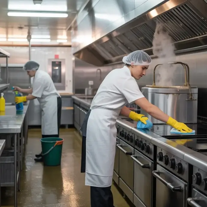 A commercial kitchen being cleaned