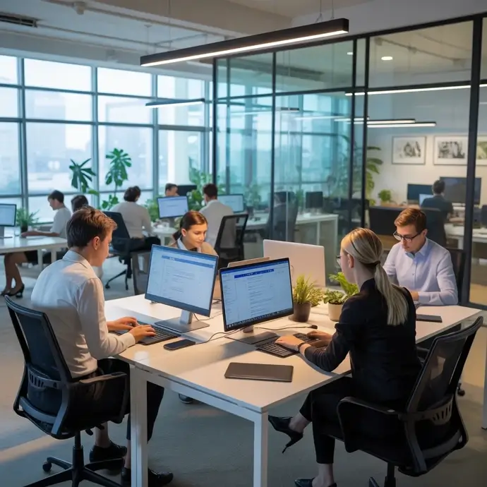 People in an office using display screens