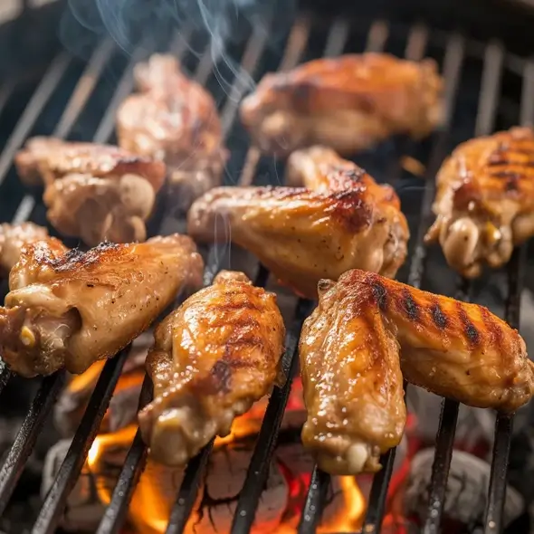 Chicken wings cooking on an open fire