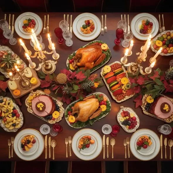Banquet table full of food