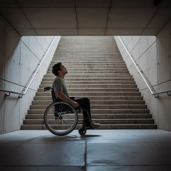 Wheelchair user surrounded by steps