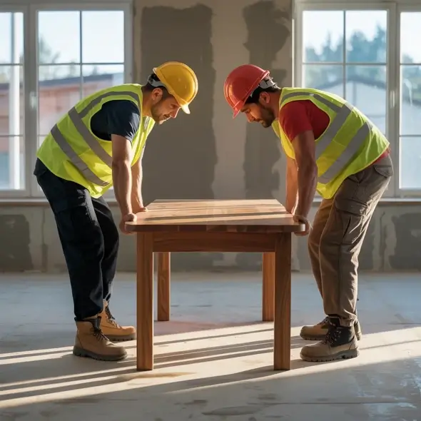 Two workmen lifting a table