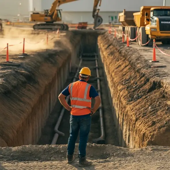 Construction worker looking into a trench