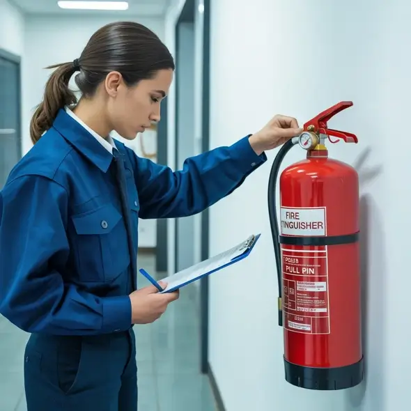 Staff member checking a fire extinguisher