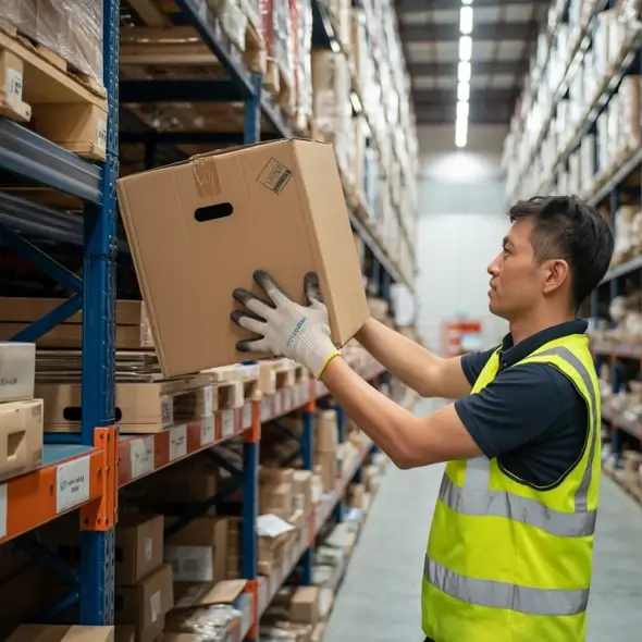worker placing box on a shelf