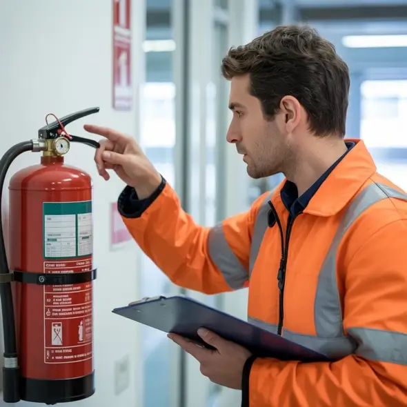 Fire marshal checking an extinguisher