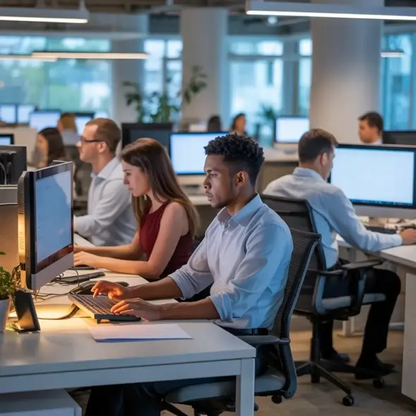 Office workers using monitors