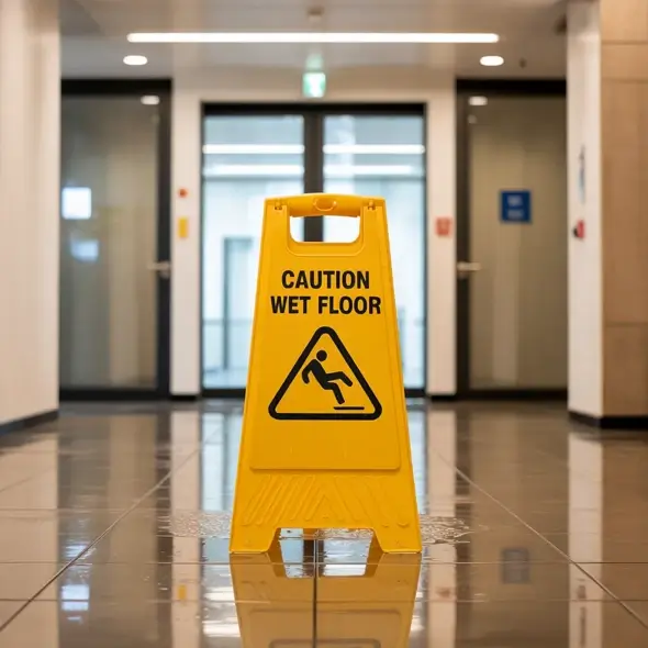 Wet floor caution sign in a office corridor