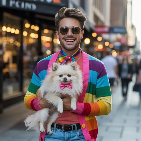 Overtly gay man carrying a dog